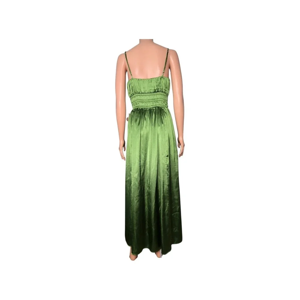 Abercrombie & Fitch Olive Green Satin Smocked Maxi Dress Slit Formal M Medium